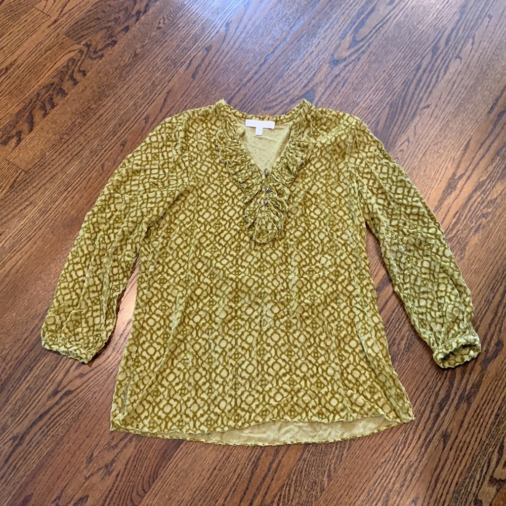 Etcetera Sz 4 Blouse Velvet Burnout Ruffle Boho Hippie Art To Wear Mustard EUC